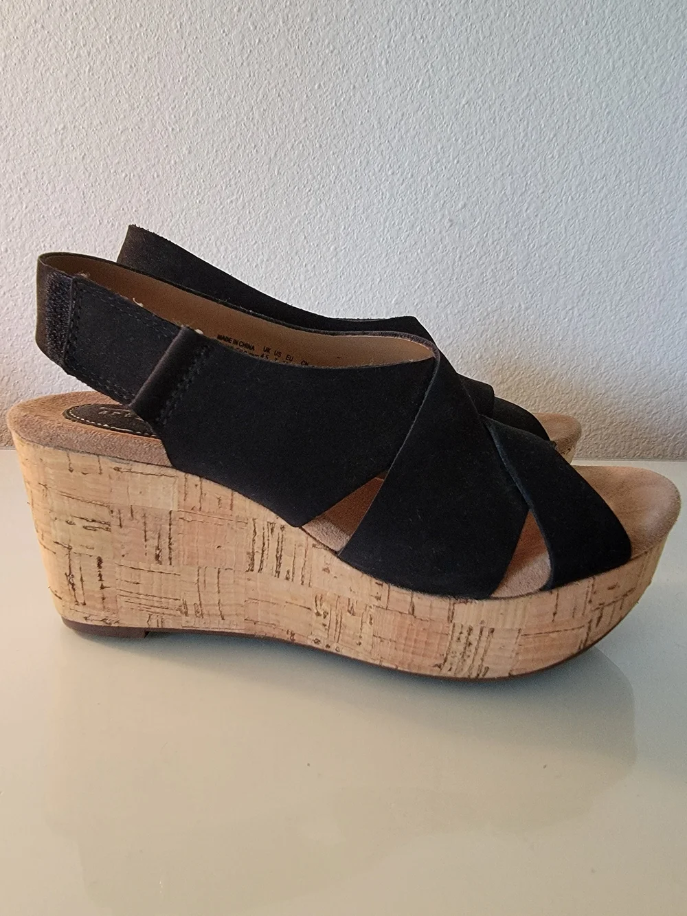 Clarks Artisan Black Suede Cork Wedge Slingback Sandals